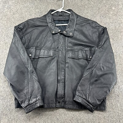#ad VINTAGE Phase 2 Leather Jacket Mens Large Black Genuine Real Bomber Biker 90s $29.95