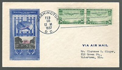 #ad US Airmail Cover Watertown Wisconsin 1937 US Scott c21 FDC Pan Am China Clipper $30.00