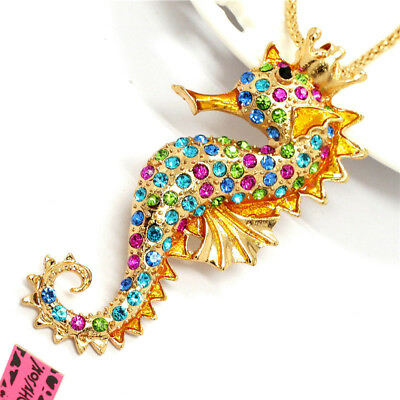 #ad New Fashion Women Coloful Enamel Crystal Cute Seahorse Sweater Chain Necklace $3.86