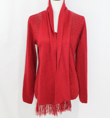 #ad Karen Scott Womens Embellished Red V Neck Sweater with Matching Scarf S NWOT $14.25