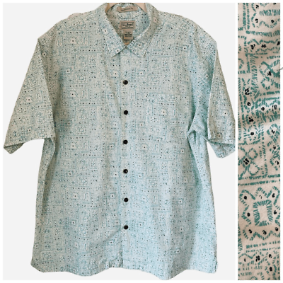 #ad L.L. Bean Printed Aqua Blue White Short Sleeve Button Up Shirt Size Large 100% C $28.00