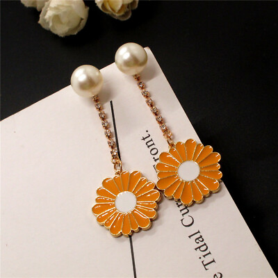 #ad Lovely Yellow Enamel Sun Flower Pearl Fashion Lady Women Stand Earrings $2.96