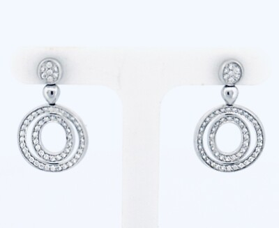 #ad Unique 18k White Gold Diamonds Double Circle Drop Dangle Stud Earrings Push Back $950.00