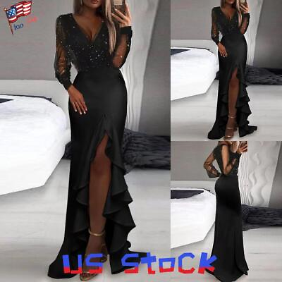 #ad Women#x27;s Sexy V Neck Evening Party Split Dress Sequin Glitter Cocktail Long Dress $35.19