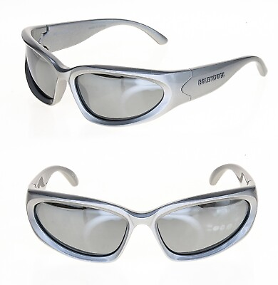 #ad BALENCIAGA SWIFT 0157 Silver Mirror Logo Print Wrap Mask Sunglasses BB0157S 004 $349.20