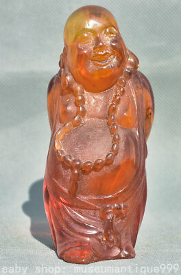 #ad 4.4#x27;#x27; Old Chinese Amber Carved Happy Laugh Maitreya Buddha Beads Statue $68.00