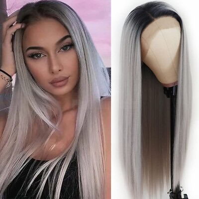 #ad Ombre Gray Lace Front Wigs Long Straight Human Hair Heat Resistant Pre Plucked $19.86