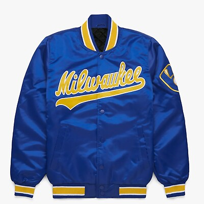 #ad Milwaukee Brewers MLB Royal Satin Letterman Baseball Bomber Varsity Jacket $99.00