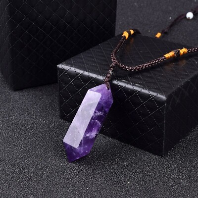 #ad Natural Amethyst Stone Hexagon Pendant Purple Crystal Charm Necklace Handmade $11.90