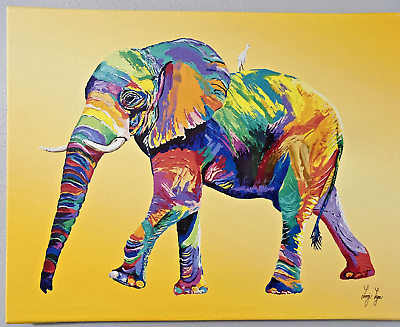 #ad Multicolor Walking Elephant w Bird Linzi Lynn #x27;The Ride#x27; Gallery Wrapped Canvas $23.25