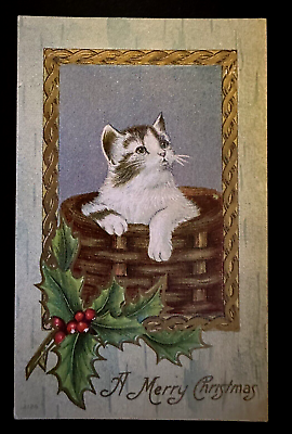 #ad Cute Cat Kitten in Basket with Holly Antique Embossed Christmas Postcard h645 $8.99