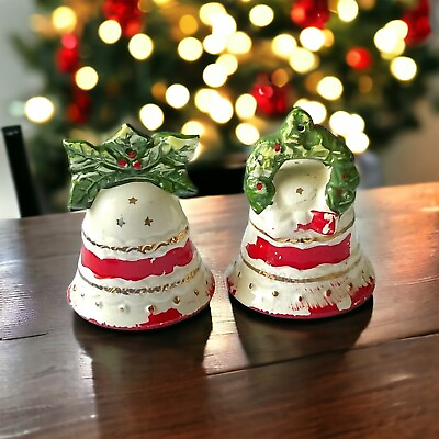 #ad VTG. Christmas Bell Salt amp; Pepper Shaker Holly amp; Wreath Ceramic Set Japan $7.95