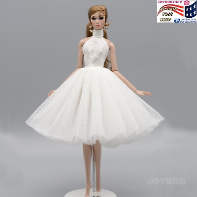 #ad White Wedding Dress 11.5inch Fashion Doll Princess Neck High Short Evening Dress $8.52