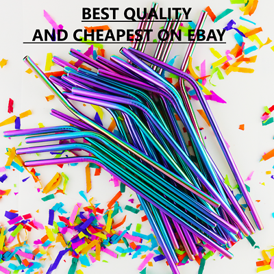 #ad RAINBOW Metal Drinking Straws Steel Drinks Party Straw Cleaner Reusable Bar... GBP 2.99