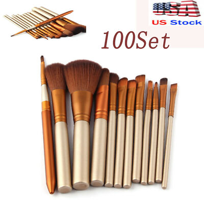 #ad 12Pcs Make Up Brushes Tool Makeup Foundation Blusher Brown Gold New 100Set Hot $11.00