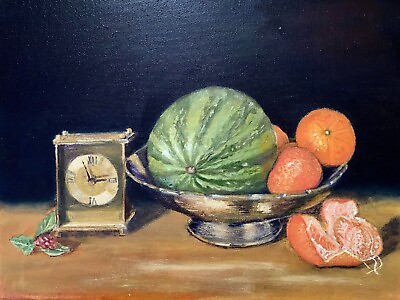 #ad Classic Oil painting Still Life Brass bowl and Clock Canvas12x16quot; $69.99