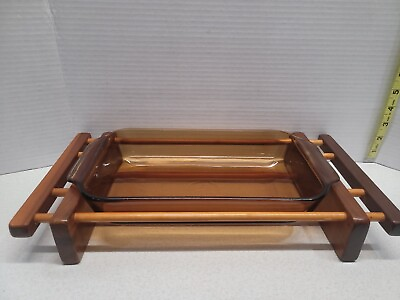 #ad Amber Glass Casserole Dish With Wooden Tray Holder 6.5quot; x 11quot; MCM Retro $39.90