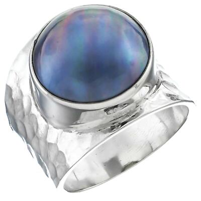 #ad Blue Mabe Cultured Pearl Bali Handmade Hammered 925 Sterling Silver Ring $46.95