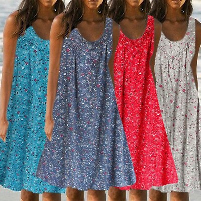 #ad Womens Summer Strappy Pullover Sleeveless Sundress Ladies Boho Beach Swing Dress $22.61