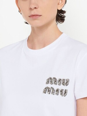 #ad Miu Miu New Season Embellished Rhinestone Cotton White T Shirt Size Medium $680.00