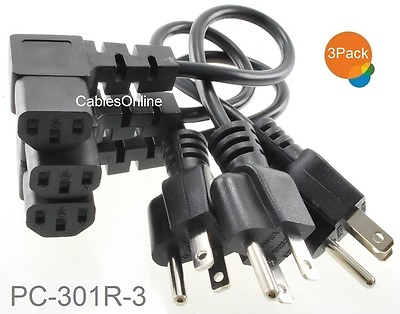 3 Pack 1ft Right Angle AC 3 Prong Power Cables NEMA 5 15P IEC320 C13 $10.99