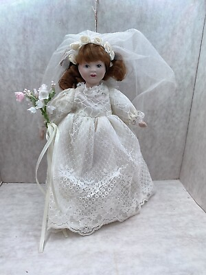 #ad Porcelain Doll in Original Wedding Dress 8 inch Brown Hair Blue Eyes $10.56