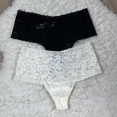 #ad Hanky Panky Retro Lace Thong Panties OS One Size Black White Lot Of 2 $36.99