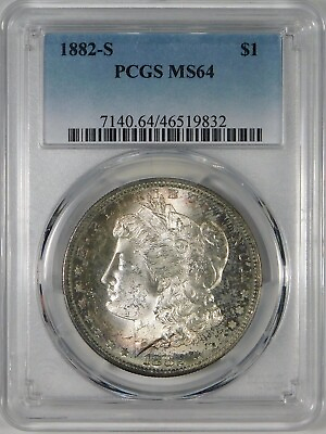 #ad 1882 S Morgan Silver Dollar PCGS MS 64 Full Crisp Rim Toning Obverse $129.15