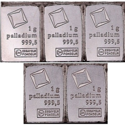 #ad Lot of 5 1 gram Palladium Bar .9995 Fine Bar Valcambi Suisse CombiBar™ $213.20