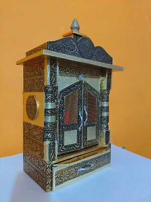 #ad Wooden Mandir with Gold Aluminum Sheet Finish Oxidized Home Pooja Wall Temple $121.79