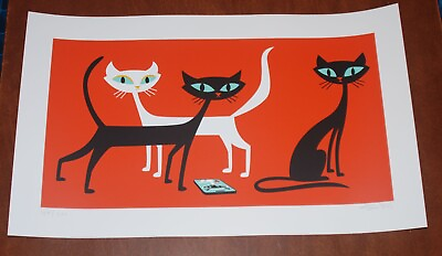 #ad Josh Agle SHAG An Uncomfortable Silence Serigraph Art Print S # 200 Cat Poster $595.00