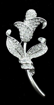 #ad Antique Deco Pave Paste Rhinestones Stylized Flower Rhodium Plated Pin Brooch $59.99
