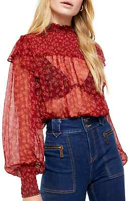 #ad Free People Women#x27;s Printed Long Sleeve Crew Neck Top Red Size X Small $27.50