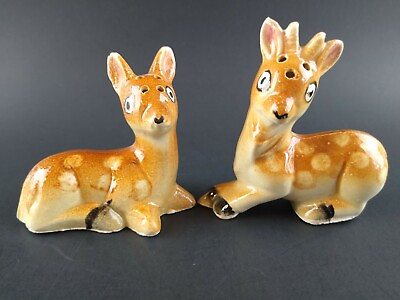 #ad Laying Down Alert Deer Fawns Salt and Pepper Shakers Ceramic Japan Vintage $6.00