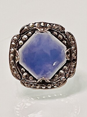 #ad ANTIQUE ART DECO STERLING SILVER LAVENDER GLASS MARCASITE RING SZ 6 8GRS $99.99