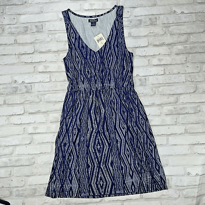 #ad LUCKY BRAND Casual Tank Jersey V neck Dress Batik Boho Pattern Print Navy Blue S $12.00