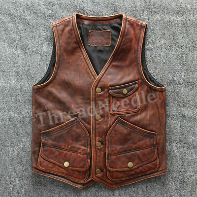 #ad Tan Brown Vintage Men#x27;s Biker Vintage Real Leather Motorcycle Vest Jacket $79.99
