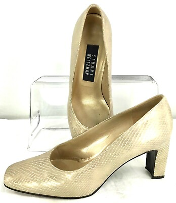 #ad Stuart Weitzman Pump Women 7 B Gold Snake Print Leather Slip On Heel Shoes Spain $43.99