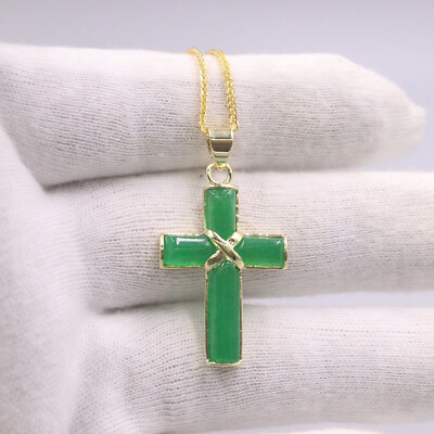 #ad Beautiful Gold Plate Alloy with Green Jade Cross Pendant 1.38quot; Long $3.90