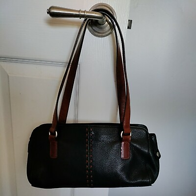 #ad FOSSIL Leather Handbag Black Pebble brown trim pockets branded clean lining $29.00