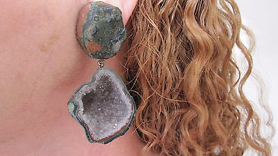 #ad Large Druzy Quartz Dangle Earrings Geodes Handmade Sterling Silver Clip on $220.00
