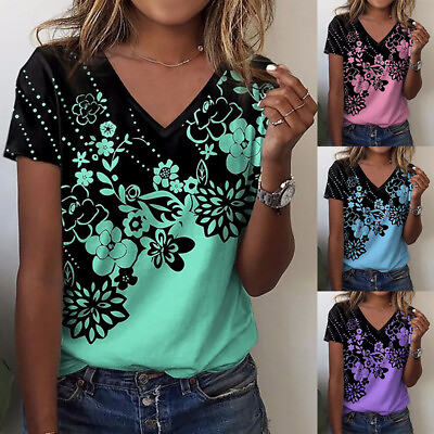 #ad Women Floral V Neck Short Sleeve T Shirt Blouse Casual Loose Tunic Tops Summer ☆ $11.96