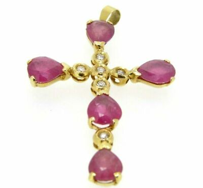 #ad Pendant Used Gold Solid 18K Cross Sapphires Pink and Diamonds Crucifix $805.94