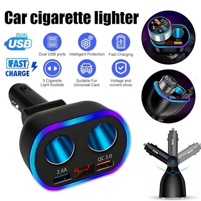 2 Way Car Cigarette Lighter Socket Splitter Dual USB Charger Power Adapter LED $6.88