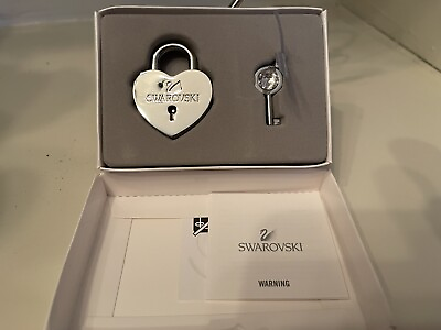 #ad Swarovski Heart Lock And Key Crystals Silver Tone Stainless Steel #5247179 NIB $20.00