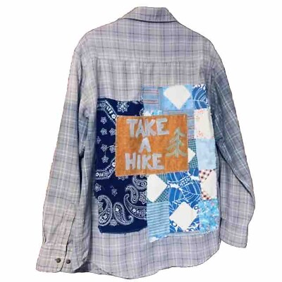 #ad Upcycled Bleached Flannel L Shirt Shacket Boho Festival Eco Lagenlook Hike Humor $30.39
