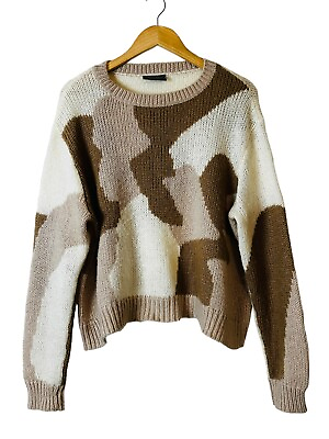 #ad Wooden Ships Womens Small Medium Tan Ivory Camo Cropped Sweater Slouchy Boho $29.90