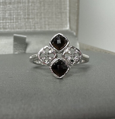 #ad 4 Leaf Clover Style Ring W 2 Black Gems amp; Rhodium Pl Band Sz7 Ring Bomb Party $17.00
