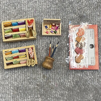 #ad Vintage Dollhouse Miniature Accessories Lot of 5 Sewing Box Thread Hearts Pencil $7.95