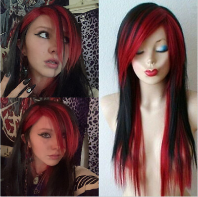 #ad Black Wigs with Red Highlight Synthetic Wigs Halloween Party Wigs for Women USA $15.97